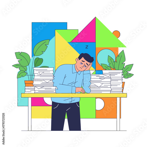Tired employee sleeps on desk next to massive paper piles Burnout overload and stress illustration
