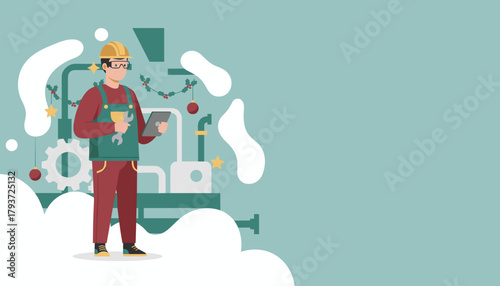 Engineer maintaining festive factory machinery using a tablet Holiday industry work