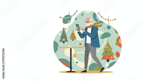 Happy senior uses a smartphone at a festive Christmas party Digital connection and holiday communication