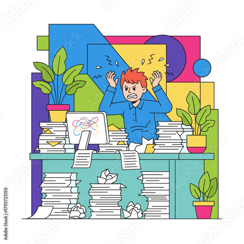 Stressed office worker drowning in paperwork piles Overload frustration and excessive workload concept