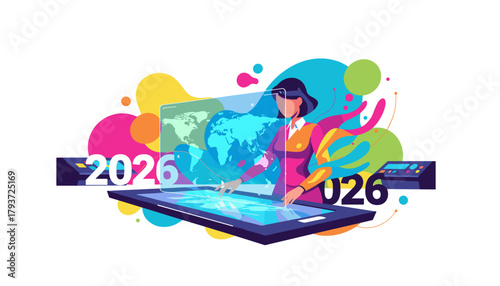 Global business planning in 2026 Woman interacting with futuristic screen technology and world map