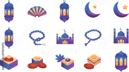Vector icon collection featuring lanterns, mosque, crescent moons, prayer beads, and traditional Islamic sweets.