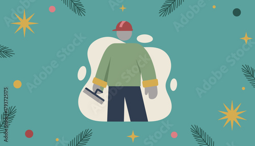 Festive flat illustration of a workerbuilder holding a tool on a turquoise background