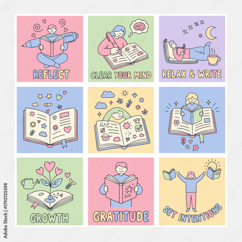 Fototapeta premium Cute illustrations showing mental wellness practices journaling selfcare reflection and setting intentions
