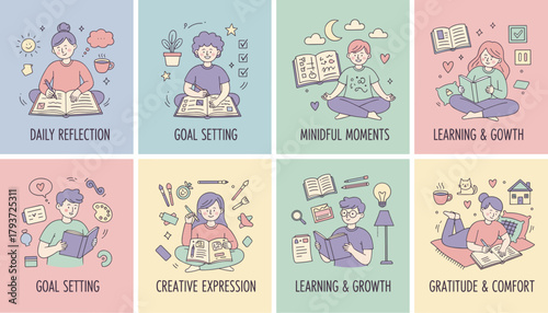 Cute pastel illustrations of selfcare routines reflection goal setting reading and mindful moments