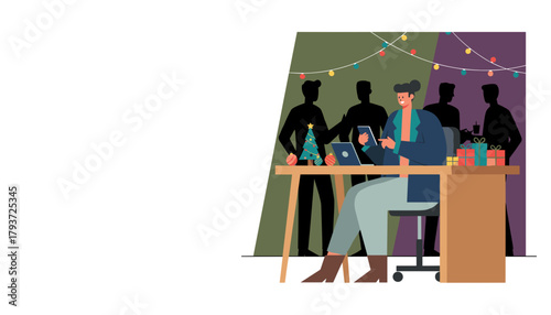 Business person using technology at a desk during a festive office Christmas celebration