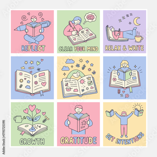 Cute illustrations showing mental wellness practices journaling selfcare reflection and setting intentions