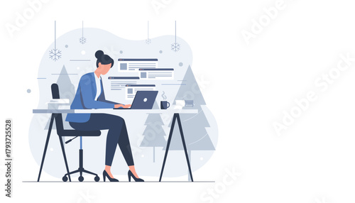 Busy businesswoman working on a laptop at a winter desk handling multiple online tasks and projects