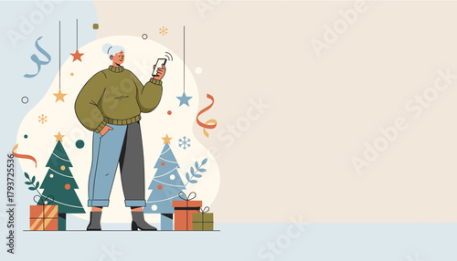 Elderly woman uses smartphone amidst Christmas decorations and gifts Holiday shopping concept