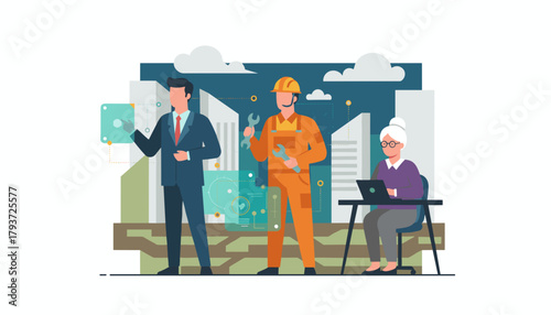 Workforce diversity Executive technician and administrator collaborate using technology in an urban setting