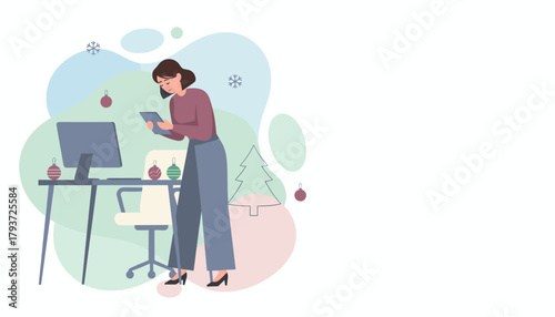 Woman using a digital tablet at a festive office desk decorated for Christmas Holiday business planning
