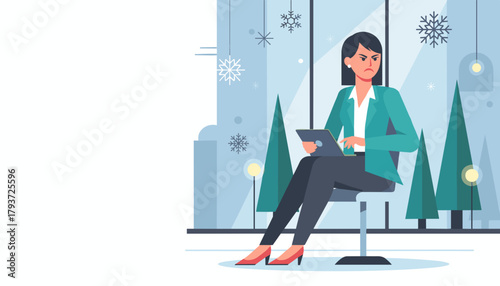 Frustrated professional woman working on a tablet in a winterthemed office