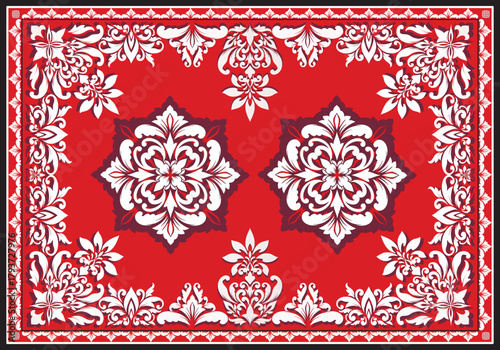Decorative red Persian-style rug with two white floral medallions and an ornate floral border.