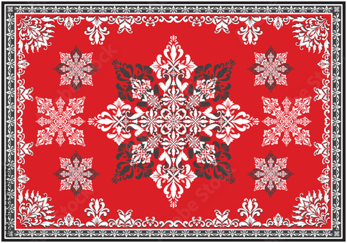 Red ornate Persian-style carpet featuring a central white medallion and symmetrical floral motifs with decorative corner and border details.