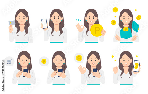 クレジットカードやスマホで買い物をする･ポイントを貯める若い女性のセット【人物ベクターイラスト素材】