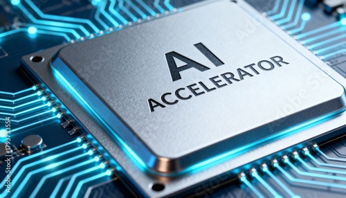 A high-tech, close-up 3D rendering of a specialized AI accelerator processor chip on a glowing blue circuit board.