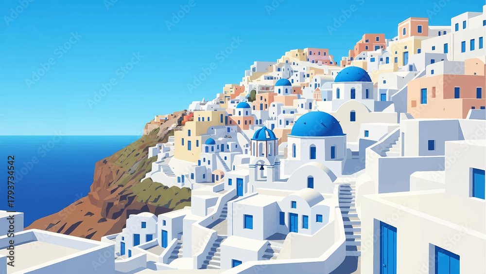 Fototapeta premium Santorini illustration: iconic Greek village with white houses, blue domes, on a cliff overlooking the Aegean Sea.