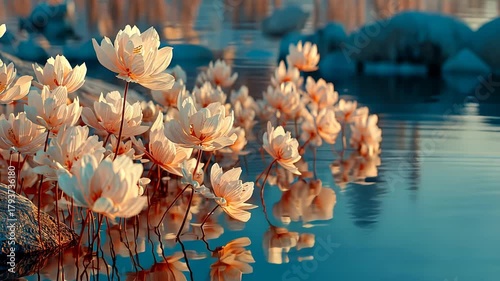 Blooming Lotus Flower Reflection on Serene Water Pond: Tranquil Spring Morning in Tropical Outdoor Botanical Landscape with Pastel Colors