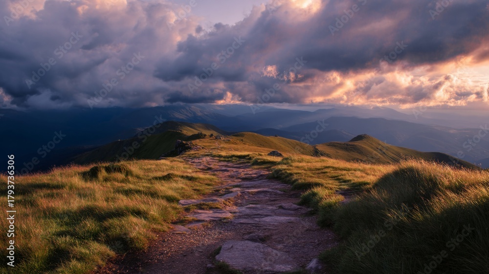 Naklejka premium Rocky path on sunlit hill at sunset. AI image