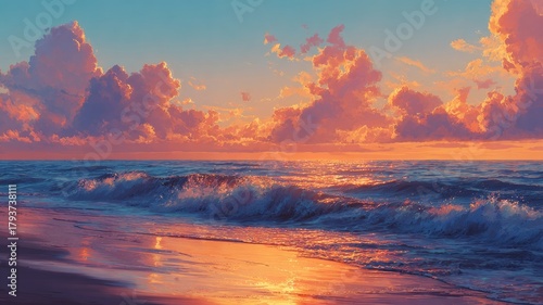 Vibrant ocean sunset with dramatic clouds. AI image