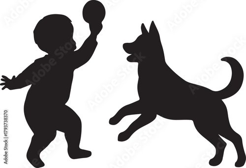  A baby boy toddler playing catch a ball with dog isolated silhouette vector