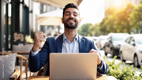 Excited Businessman Celebrating Success at Outdoor Cafe, Using Laptop