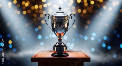 A gleaming trophy stands proudly on a wooden pedestal under dramatic spotlights with a bokeh background of festive lights.