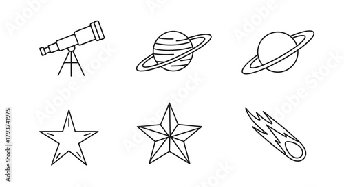 Illustration of a telescope planets stars and a shooting star line art