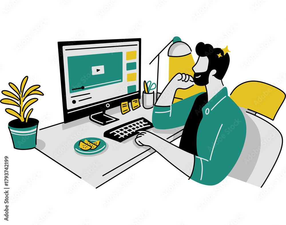 Naklejka premium Man Watching Video on Computer Illustration