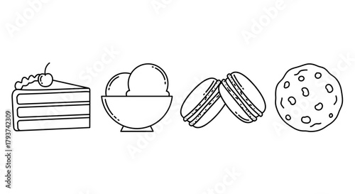 Outline drawing of cake slice ice cream macarons and a chocolate chip cookie