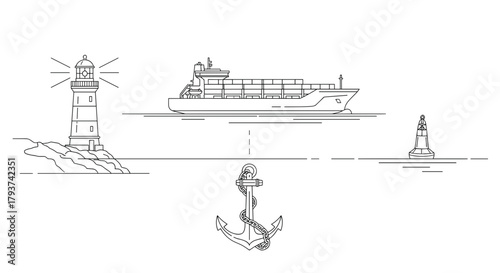 Illustration of a lighthouse, cargo ship, buoy, and anchor design