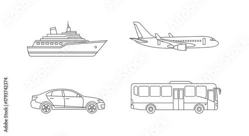 Line drawings of a cruise ship airplane car and bus transportation