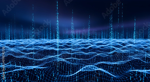 Abstract Digital Landscape of Blue Binary Code Waves and Vertical Data Streams.