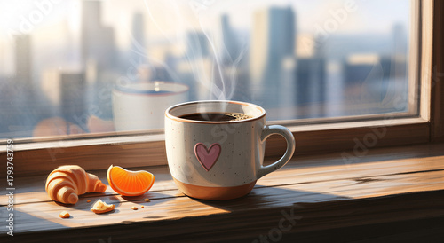 Morning coffee and croissant by the window, a warm scene for a cafe menu or lifestyle blog