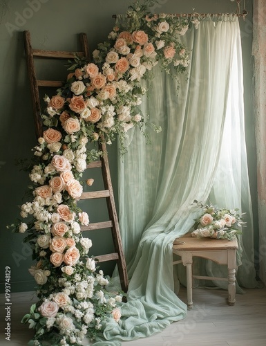 Soft Sage Green Maternity Photoshoot Setup with Flowers