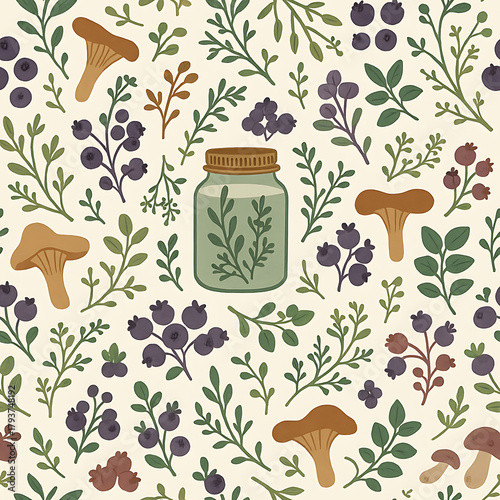 Natural Forest Elements with Berries and Mushrooms Pattern.