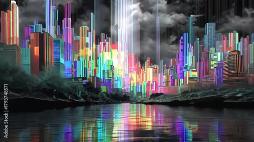 Futuristic Cityscape with Neon Lights and Colorful Skyscrapers Reflecting on Tranquil Water: Cyberpunk Urban Landscape with Luminous Modern Architecture and Dramatic Skyline