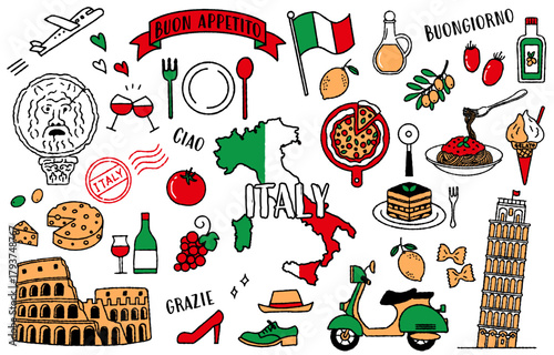Simple and cute set of illustrations about Italy (Tricolore, Italy)