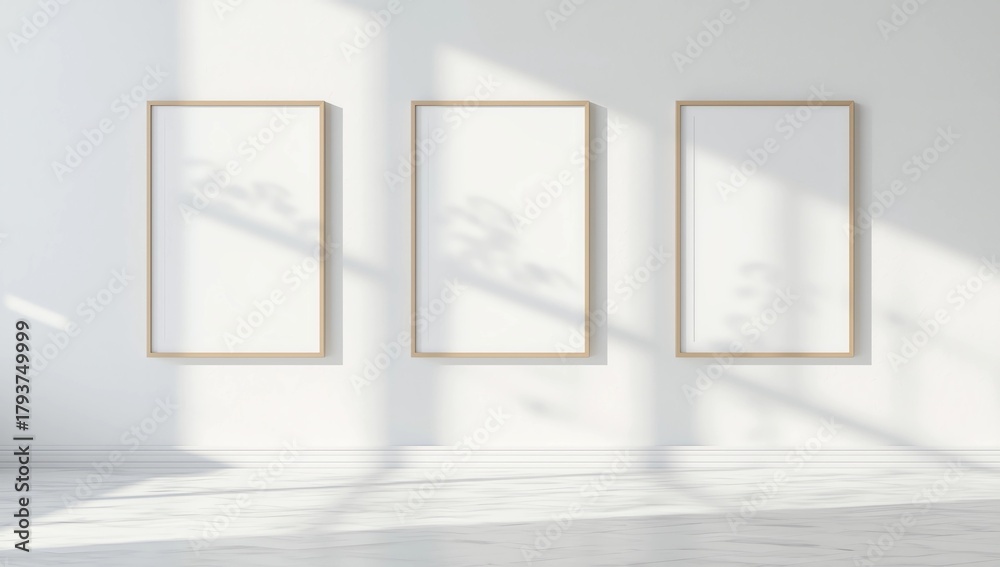 Fototapeta premium 3d Realistic Three A4 Brown Wooden Simple Modern Frame on a White Wall Background. It can be used for presentations. Design Template for Mockup, Front View