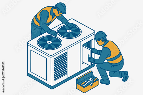 Expert HVAC technicians servicing air conditioning unit with tools offering reliable cooling solutions for homes and businesses with care