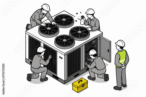 Expert HVAC technicians maintaining commercial air conditioning unit ensuring peak performance and energy efficiency for business owners