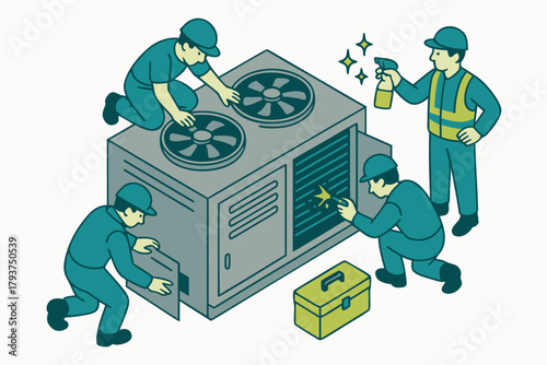 Expert HVAC technicians servicing air conditioning unit ensuring optimal performance and clean air, originally vector graphic