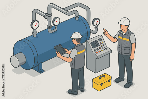 Engineers monitor industrial machinery gauges and control panel, optimizing factory operations for efficiency and safety.