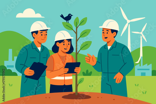 Team collaborates on sustainable green energy project planting sapling near wind turbines
