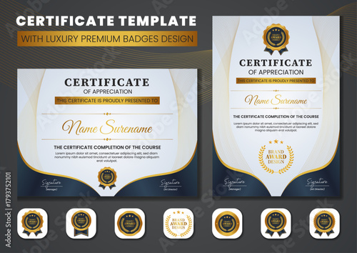Elegant certificate template with luxury layout, premium badges, clean typography, and gold-green accents. Ideal for awards, appreciation, achievements, events, and official recognition.