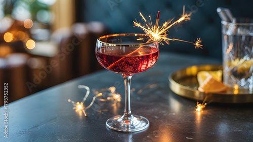 Festive Christmas New Year cocktail with a sparkling sparkler and lemon garnish. Elegant red holiday drink for celebrations, parties, and joyous occasions. Perfect for seasonal promotions.