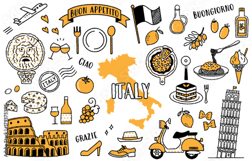 Simple and cute set of illustrations about Italy (black and yellow)