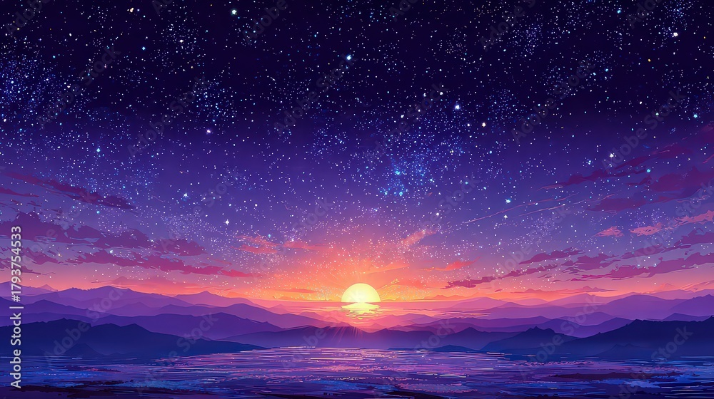 Fototapeta premium Pixelated Sunset Sky Over Mountain Range with Starry Night Background