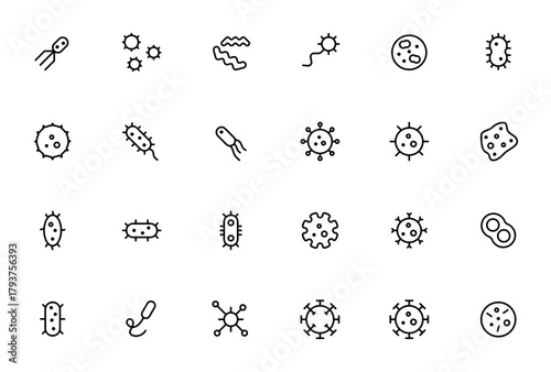 Virus Transmission Icons Set. Linear vector icons pak. Includes symbols for inection, germs, bacteria, cronavirus, covid-19, diseae, and more.