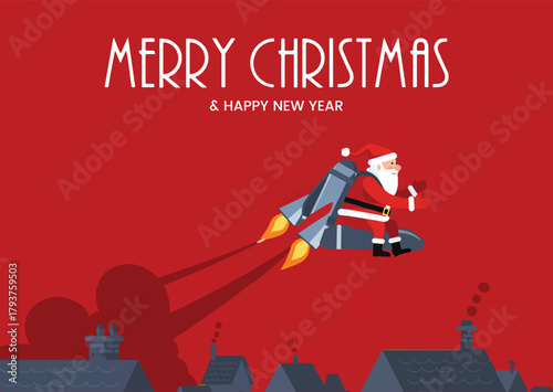 Modern Santa Claus Flying Over Rooftops with a Jetpack on a Red Background, Merry Christmas and Happy New Year